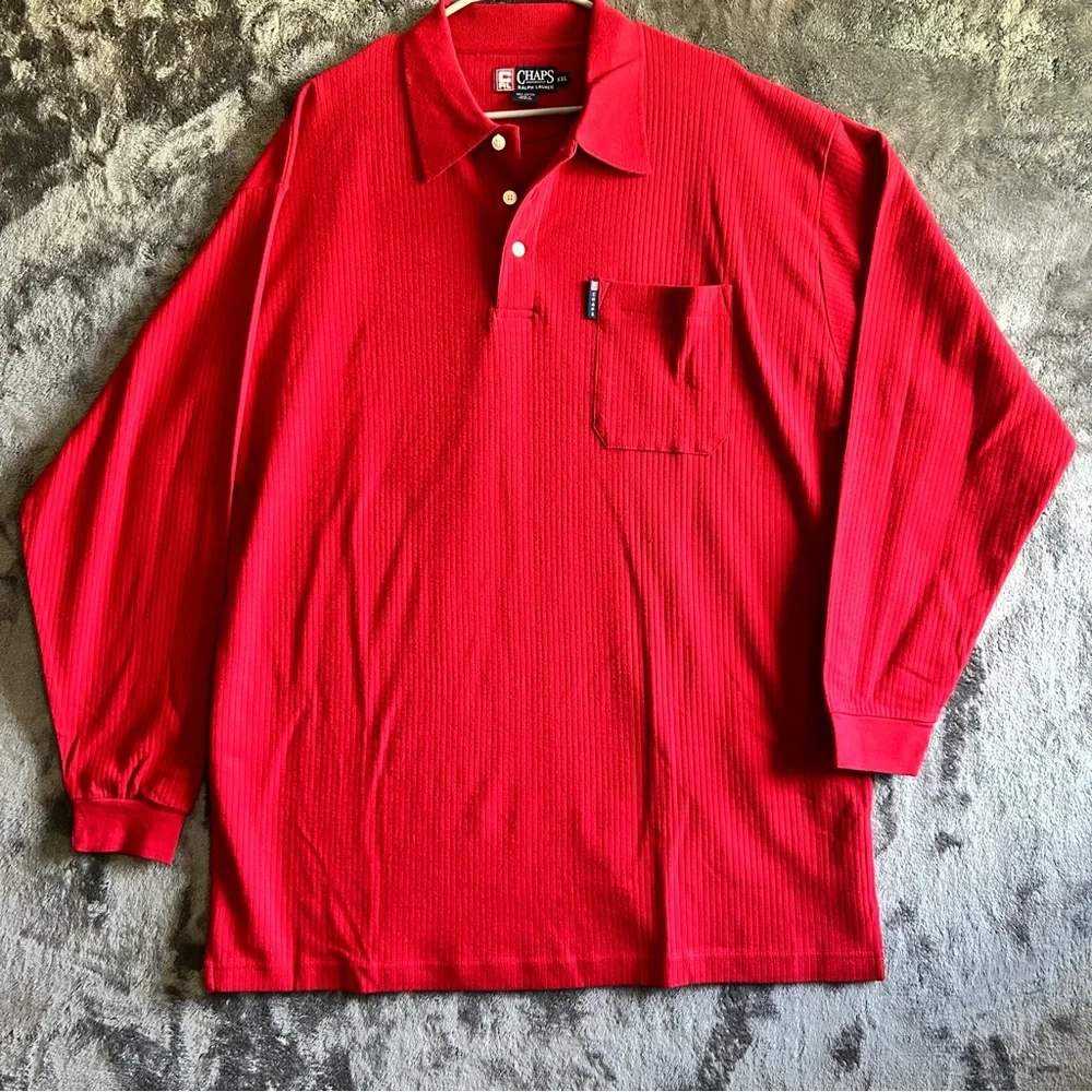 Chaps Ralph Lauren Ribbed Polo Shirt Mens 2XL 1/4 Button Red Long Sleeve Classic